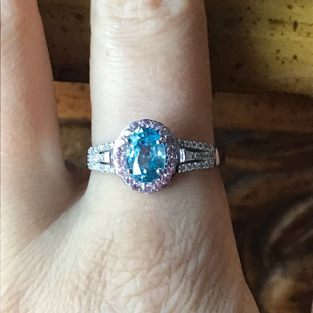 Natural Pink Sapphire Blue Zircon Sterling Silver Halo Ring Size 10